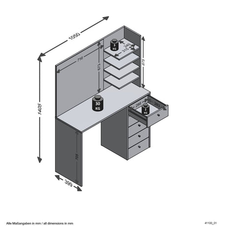 FMD Sminkbord med spegel 105x39,9x140,5 cm vit