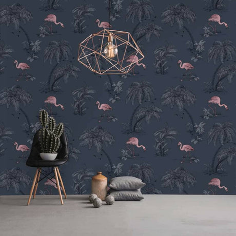 DUTCH WALLCOVERINGS Tapet flamingo petrolblå