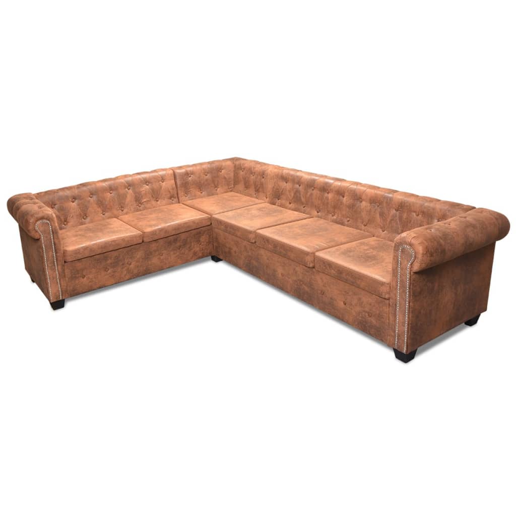 6-sitsig Chesterfield hörnsoffa konstläder brun