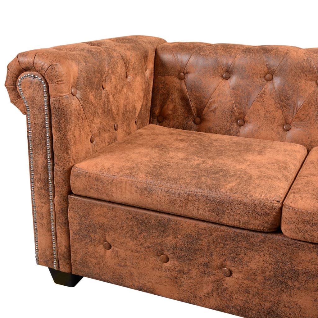 6-sitsig Chesterfield hörnsoffa konstläder brun