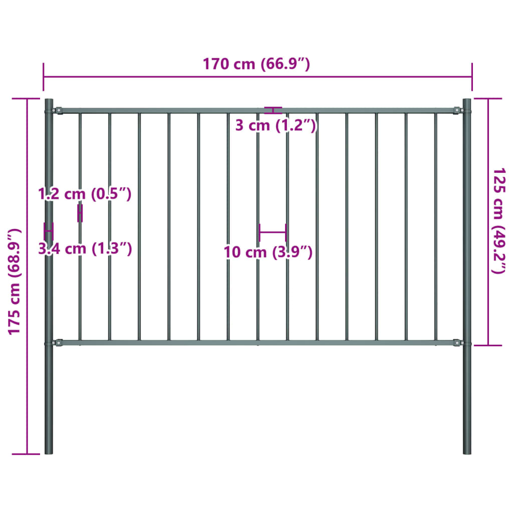 Staketpanel med stolpar pulverlackerat stål 1,7x1,25 m antracit