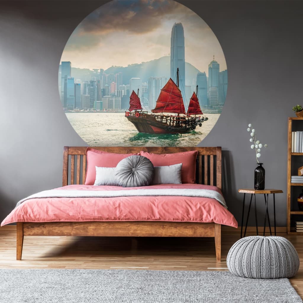 WallArt Tapet cirkelformad Skyline with Junk Boat 142,5 cm