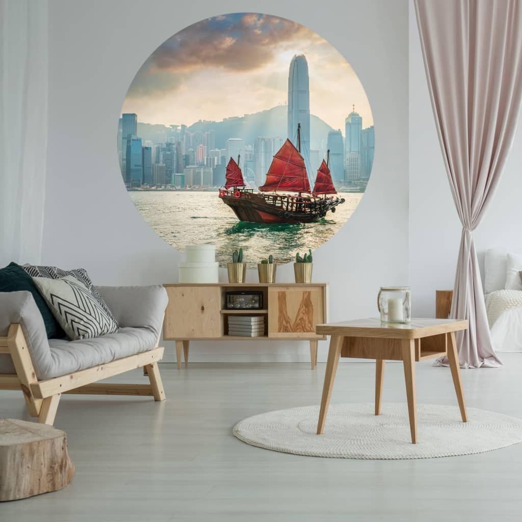 WallArt Tapet cirkelformad Skyline with Junk Boat 142,5 cm