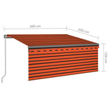 Markis manuellt infällbar m. rullgardin LED 3x2,5 m orange/brun