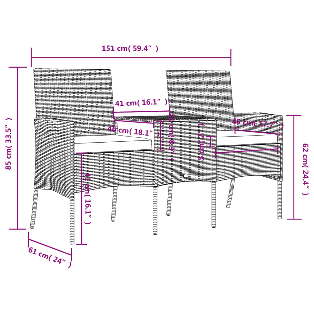 Trädgårdssoffa 2-sits med bord konstrotting brun