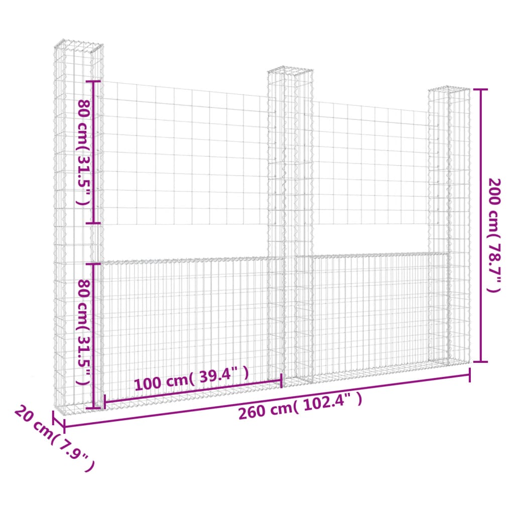 U-formet gabionkorg med 3 stolpar jern 260x20x200 cm