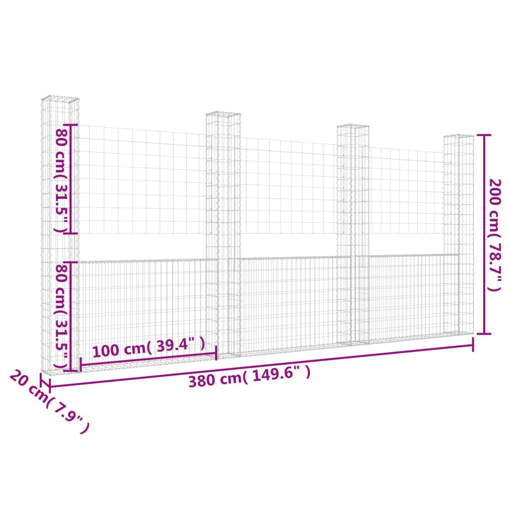 U-formet gabionkorg med 4 stolpar jern 380x20x200 cm