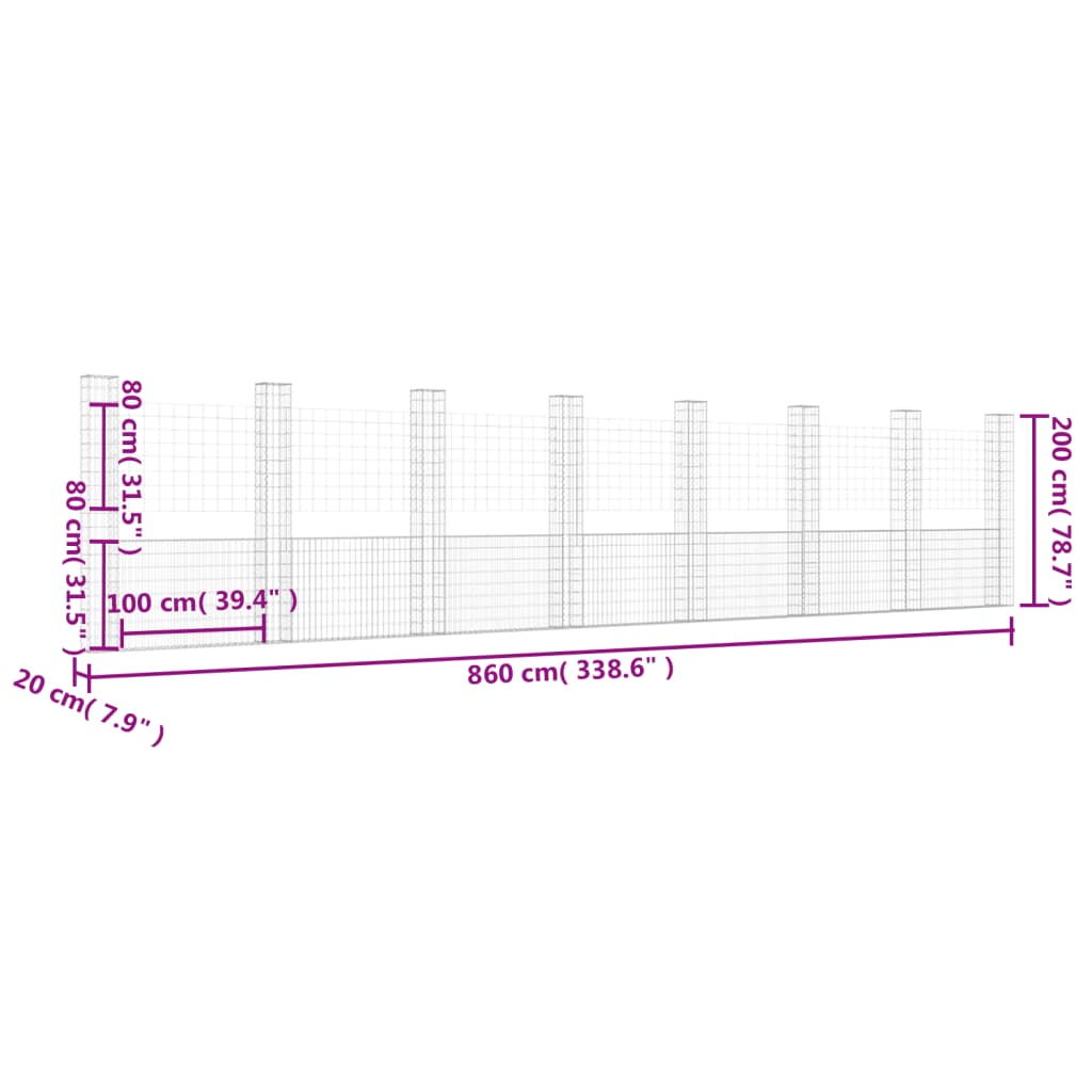 U-formet gabionkorg med 8 stolpar jern 860x20x200 cm