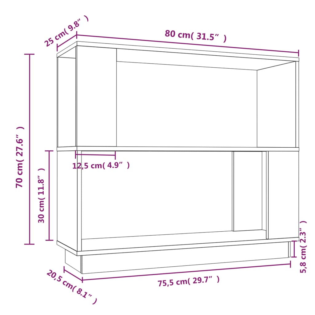 Bokhylla/rumsavdelare vit 80x25x70 cm massiv furu