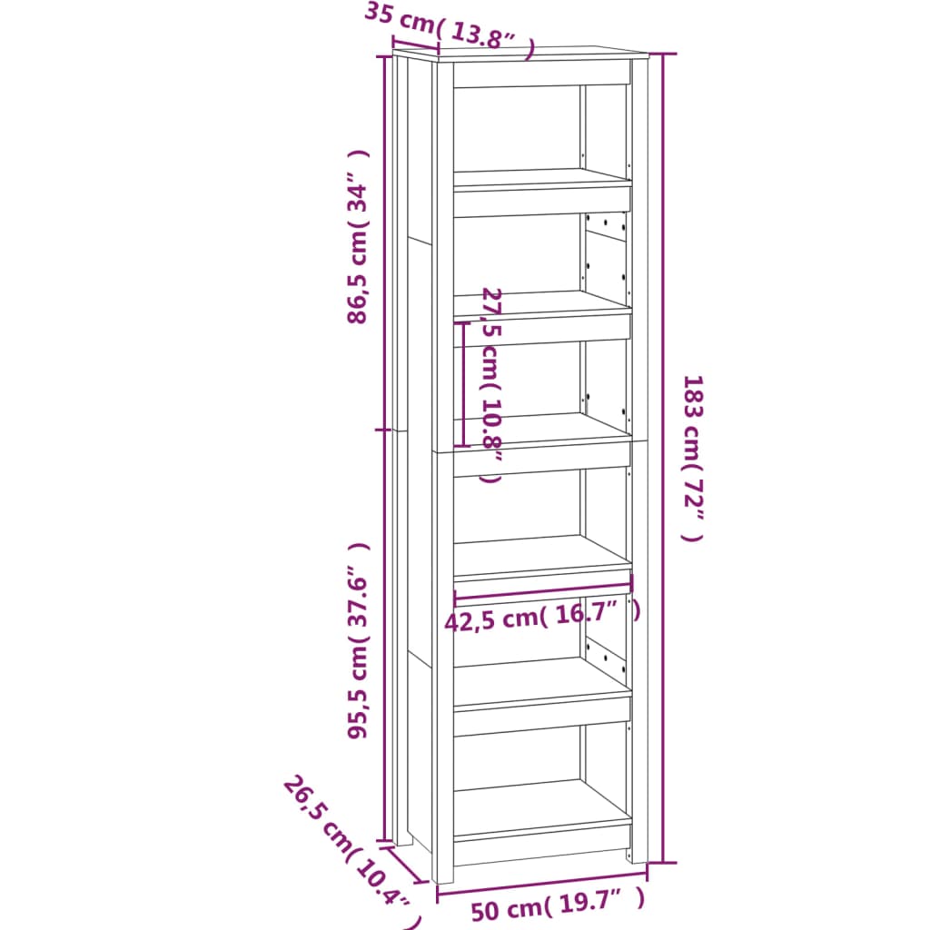 Bokhylla 50x35x183 cm massiv furu