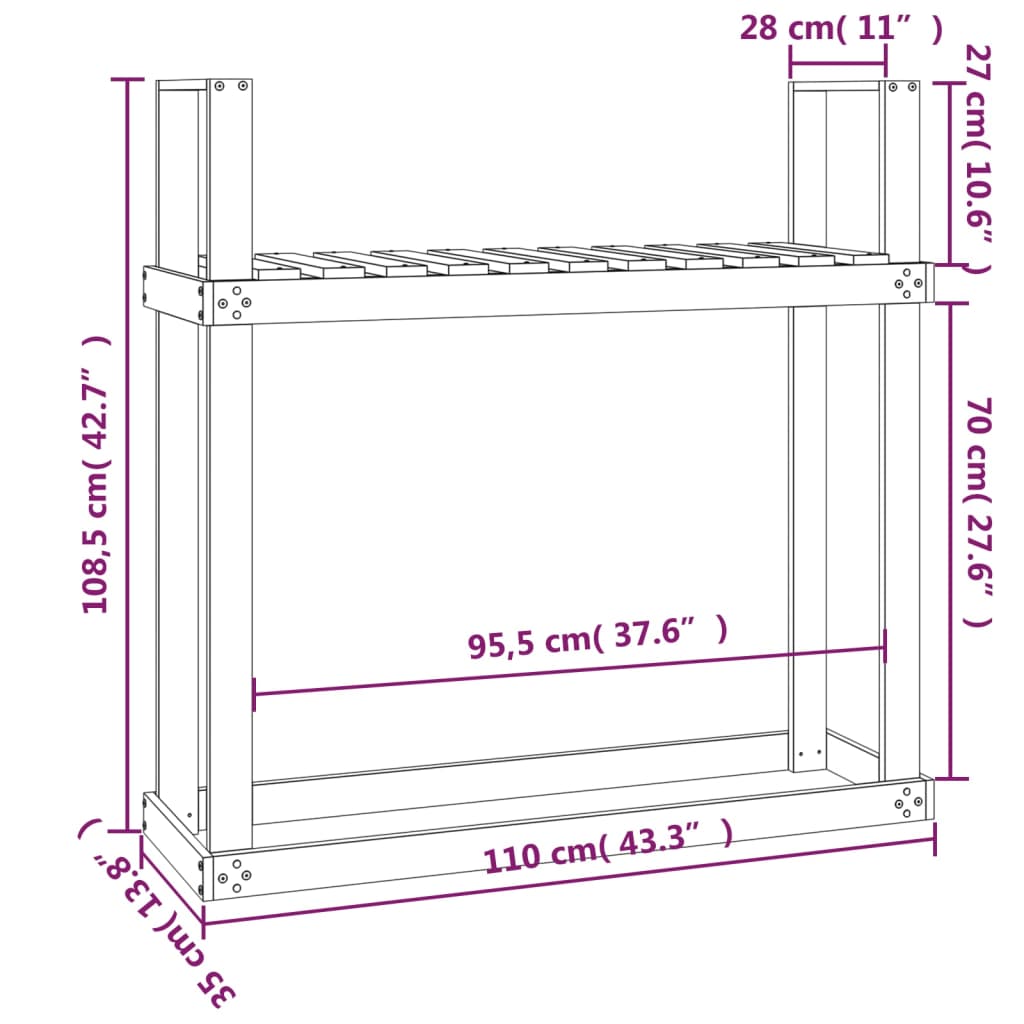 Vedställ svart 110x35x108,5 cm massiv furu