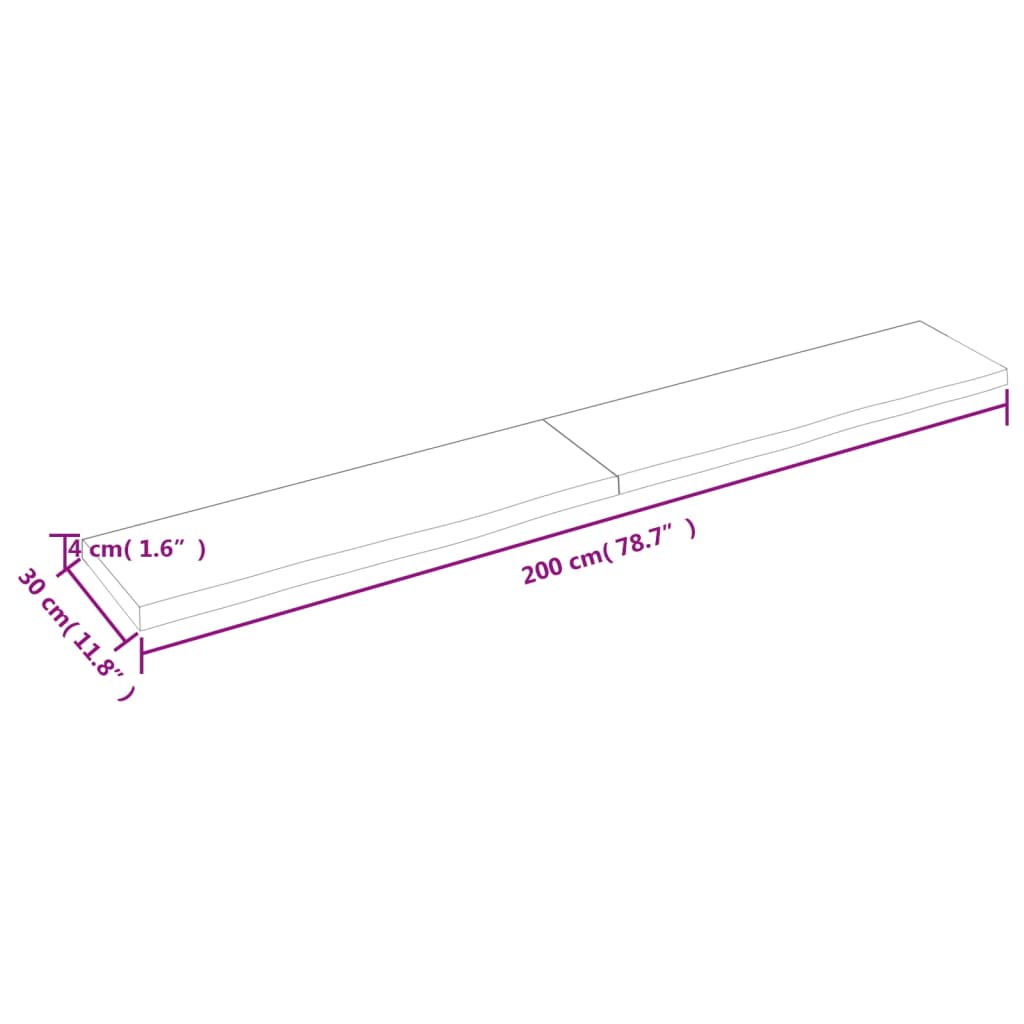 Bänkskiva för badrum 200x30x(2-4) cm obehandlat massivt trä