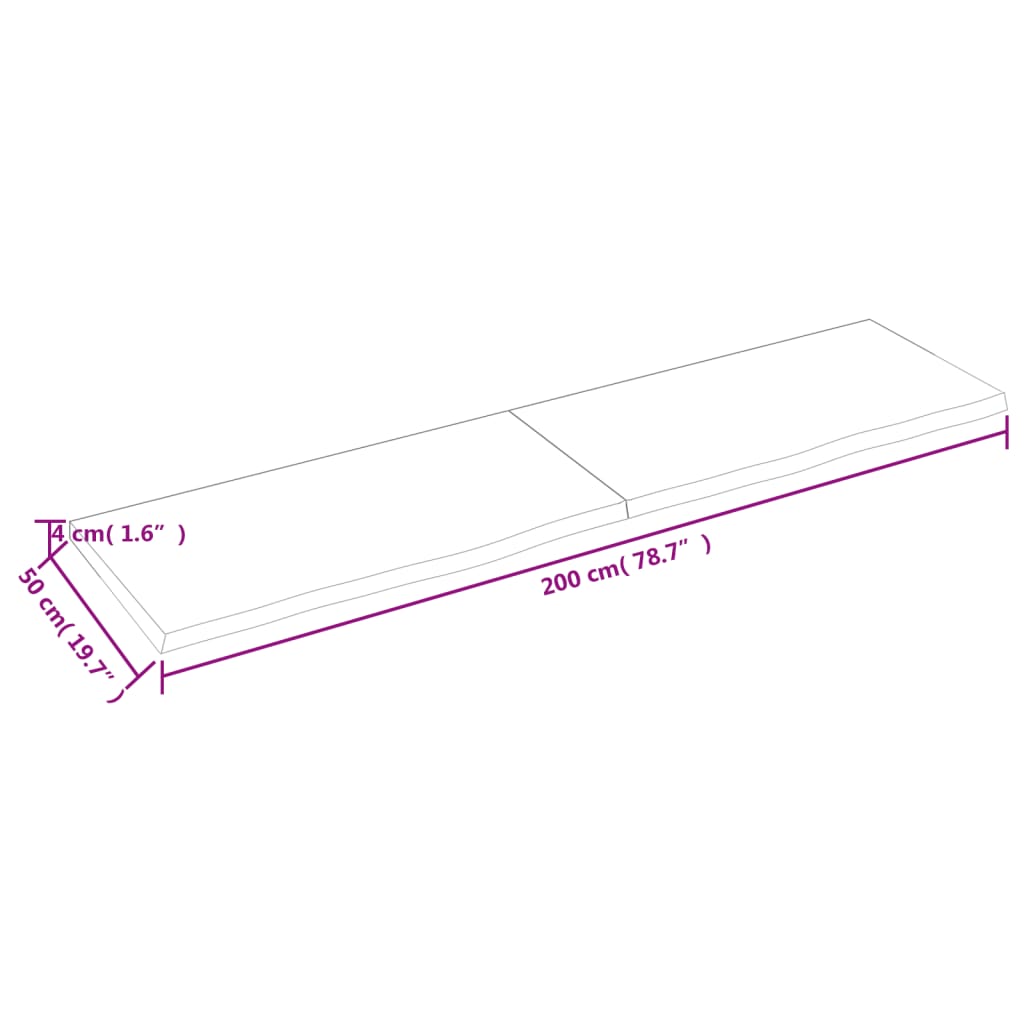 Bänkskiva för badrum 200x50x(2-4) cm obehandlat massivt trä