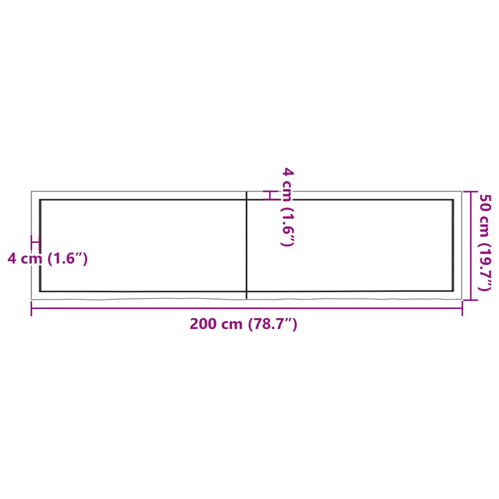 Bänkskiva för badrum 200x50x(2-4) cm obehandlat massivt trä