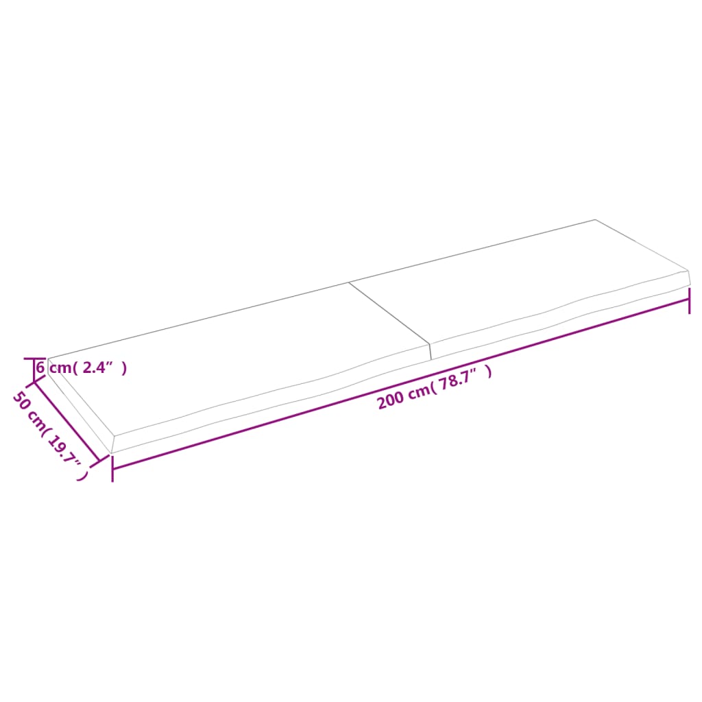 Bänkskiva för badrum 200x50x(2-6) cm obehandlat massivt trä