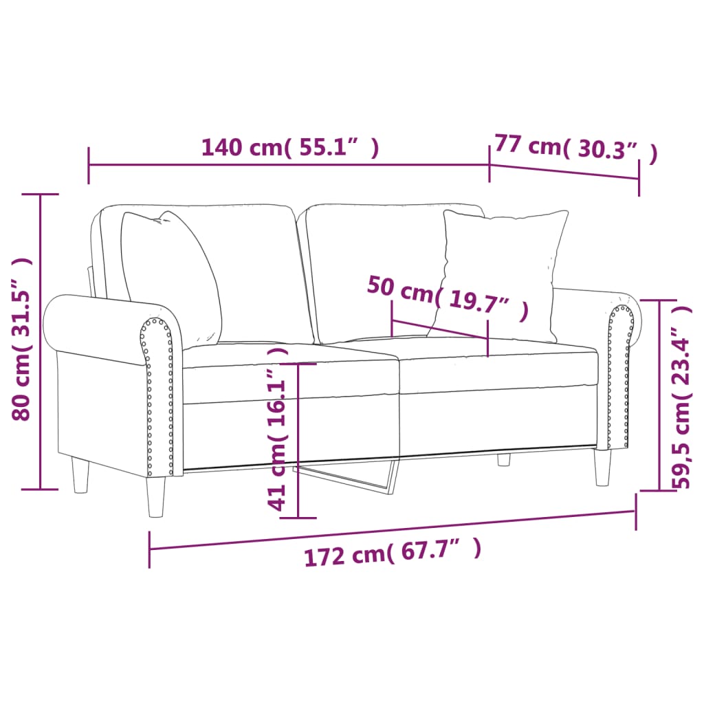 2-sitssoffa med prydnadskuddar brun 140 cm sammet