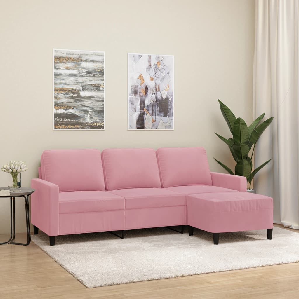 3-sitssoffa med fotpall rosa 180 cm sammet