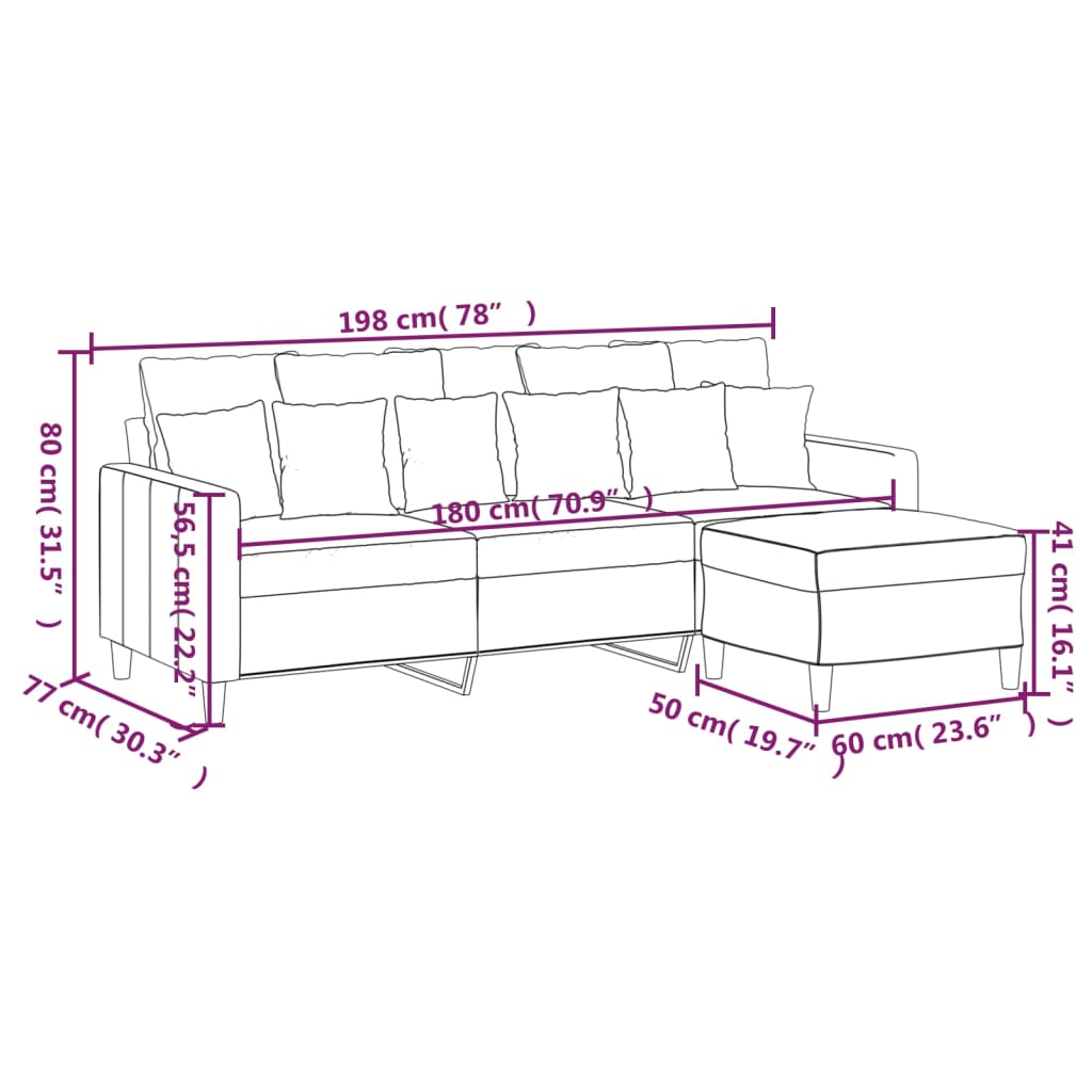 3-sitssoffa med fotpall rosa 180 cm sammet