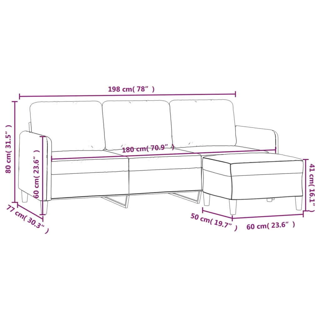 3-sitssoffa med fotpall gräddvit 180 cm sammet