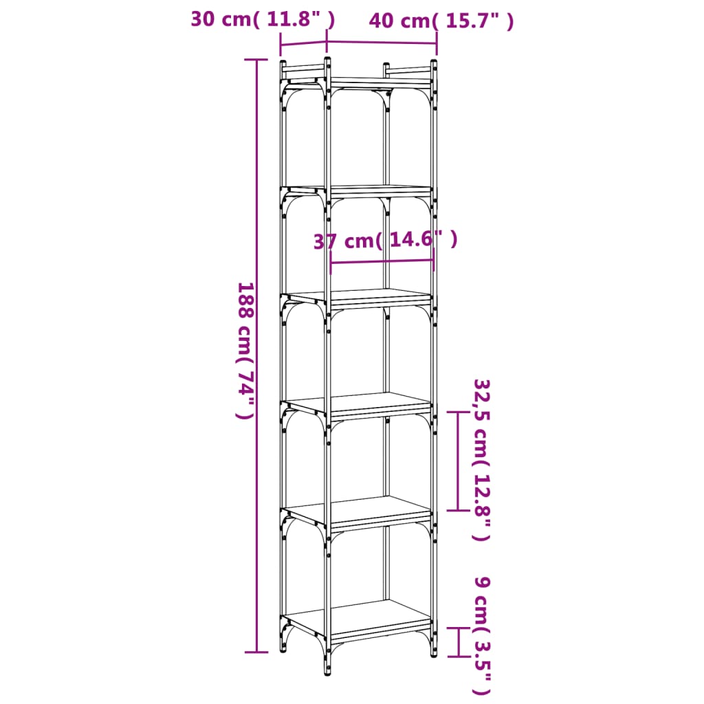 Bokhylla 6 hyllplan sort 40x30x188 cm konstrueret træ