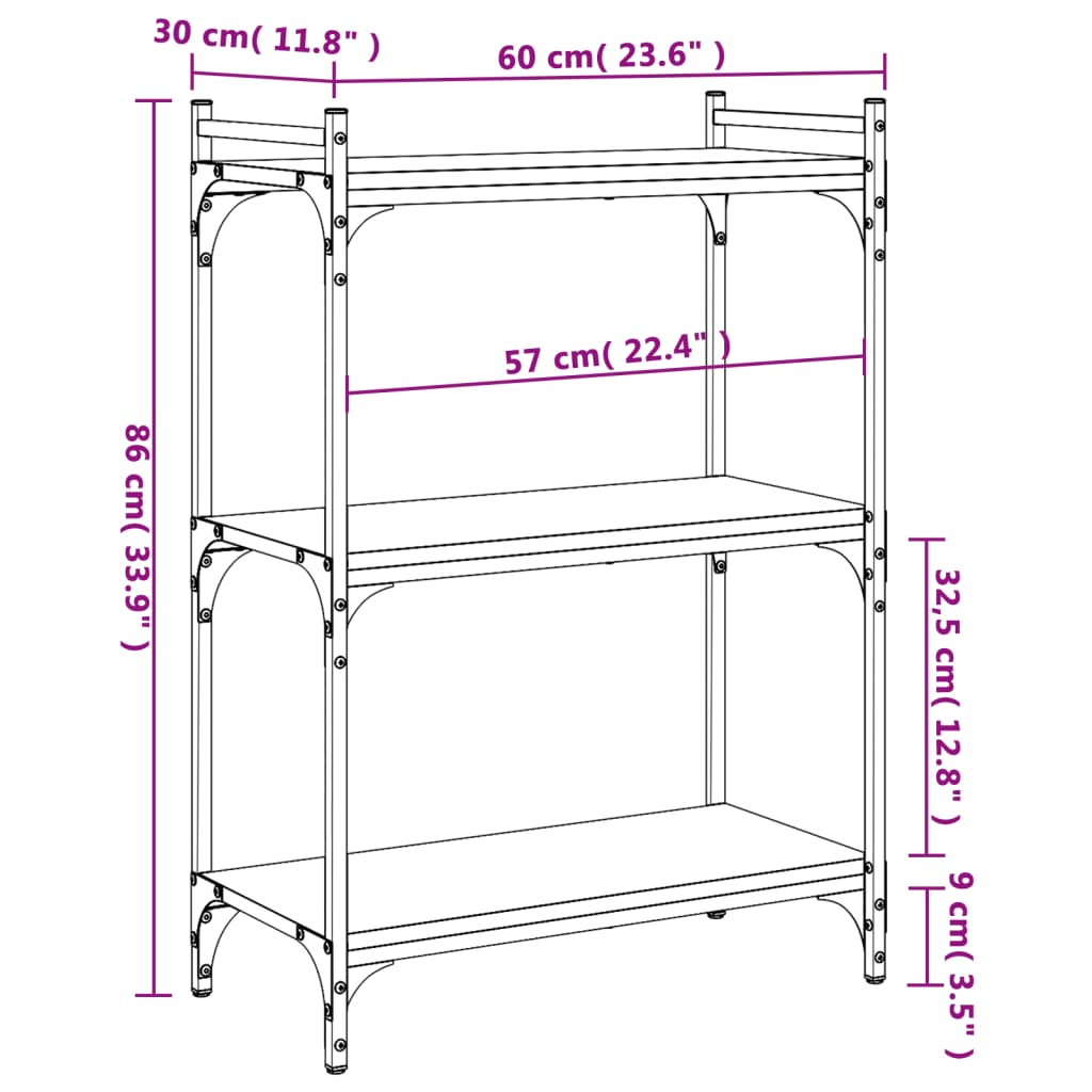 Bokhylla 3 hyllplan svart 60x30x86 cm konstruerat trä