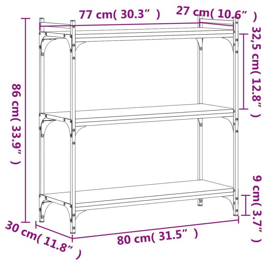 Bokhylla 3 hyllplan svart 80x30x86 cm konstruerat trä