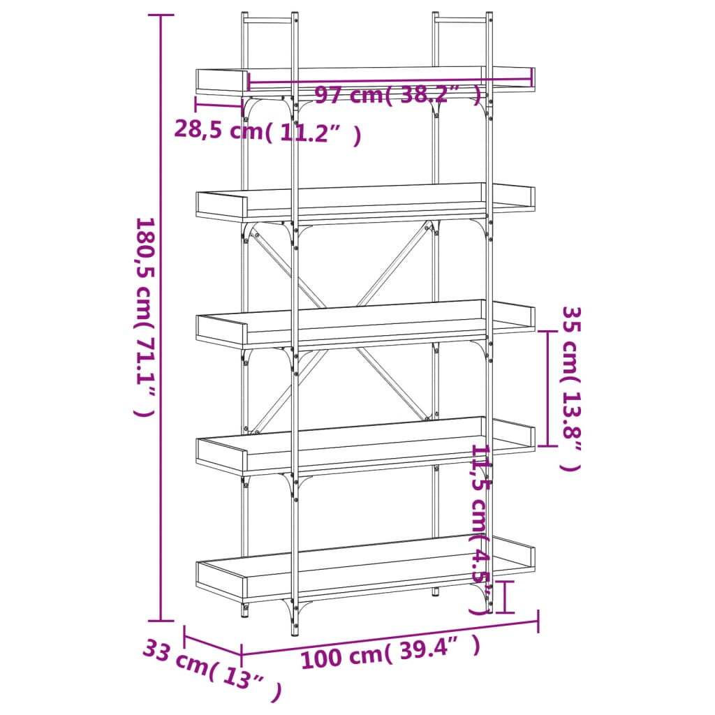 Bokhylla 5 hyllplan svart 100x33x180,5 cm konstruerat trä