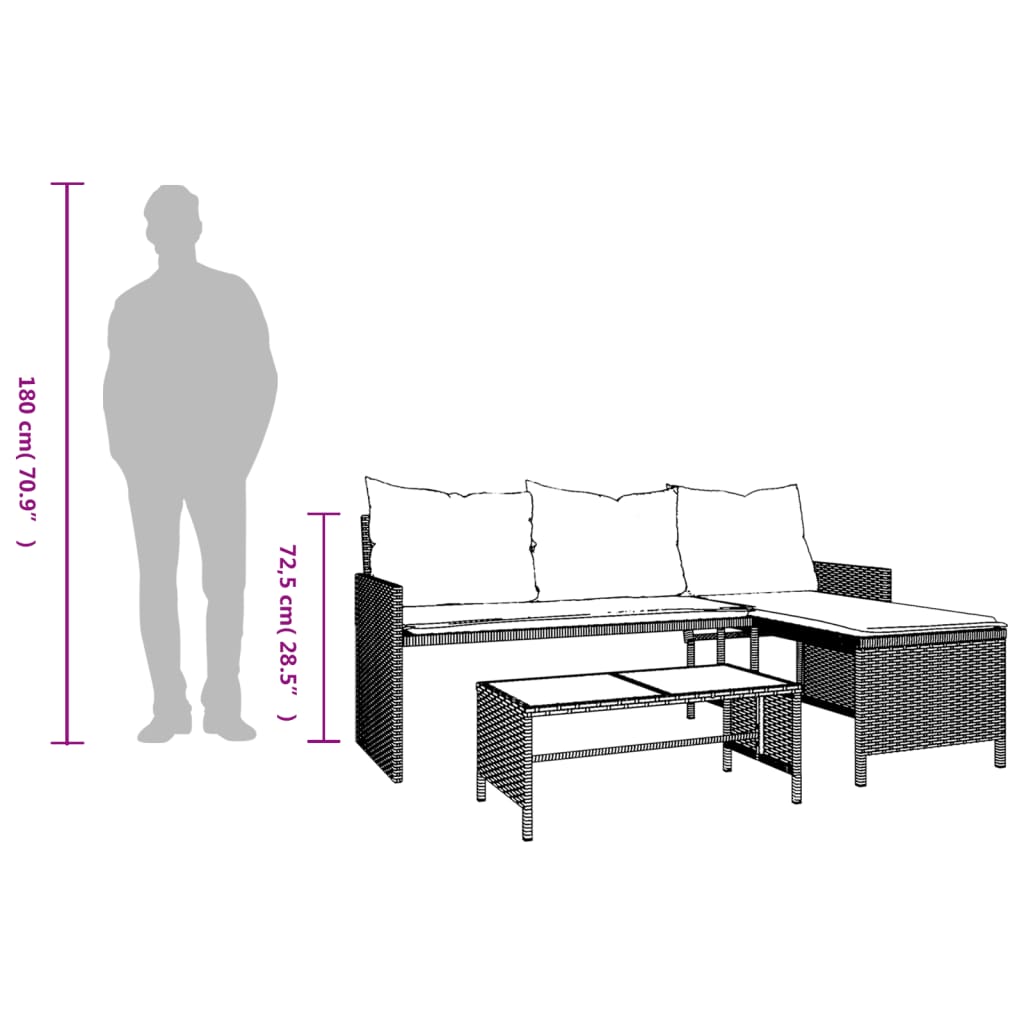 Trädgårdssoffa med bord och dynor L-formad svart konstrotting