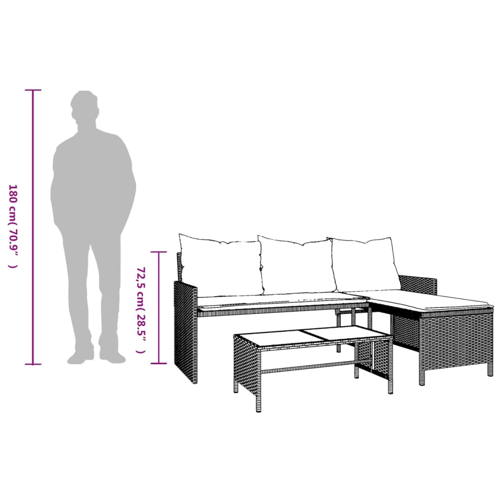 Trädgårdssoffa med bord och dynor L-formad brun konstrotting