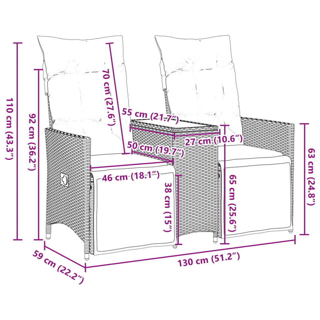 Trädgårdssoffa fällbar 2-sits med bord beige konstrotting