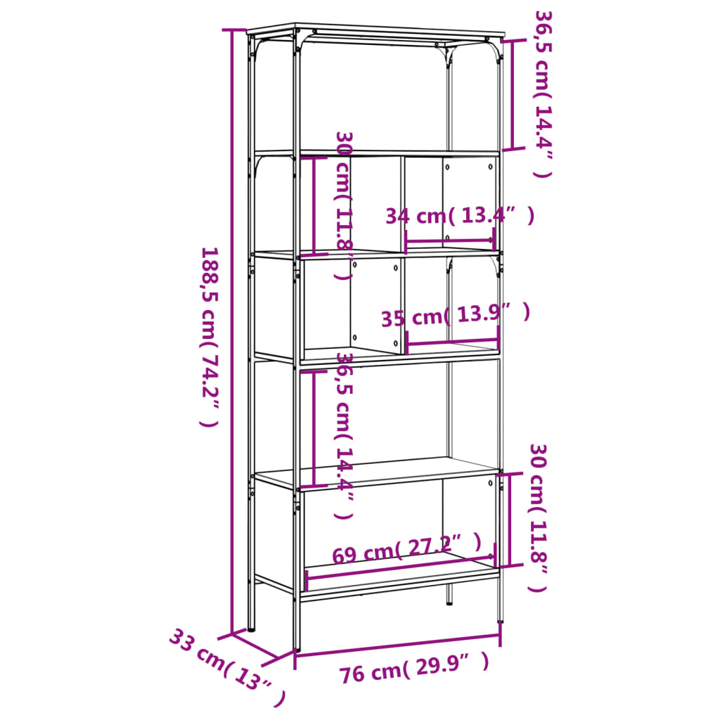 Bokhylla 5 hyllplan rökfärgad ek 76x33x188,5 cm konstruerat trä