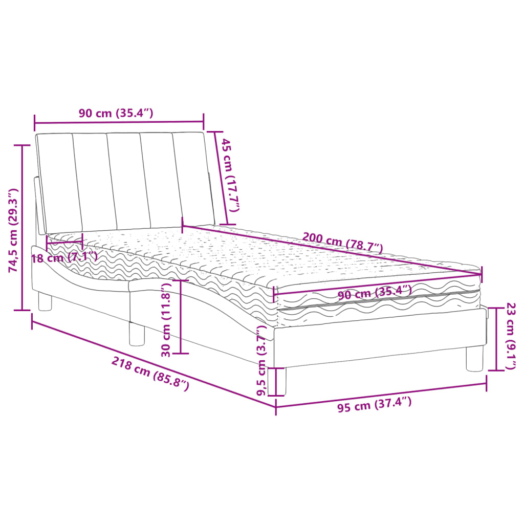 Säng med madrass ljusgrå 90x200 cm sammet