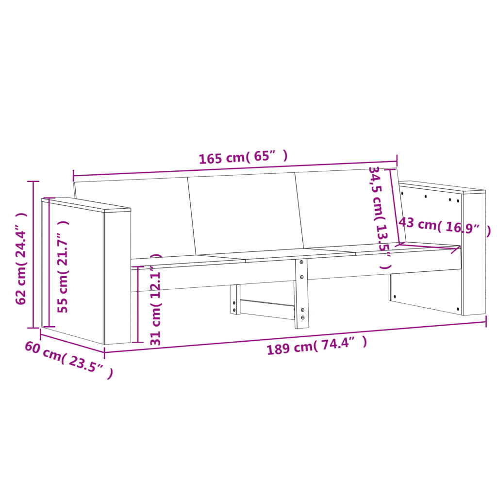 Trädgårdssoffa 3-sits 189x60x62 cm massiv furu