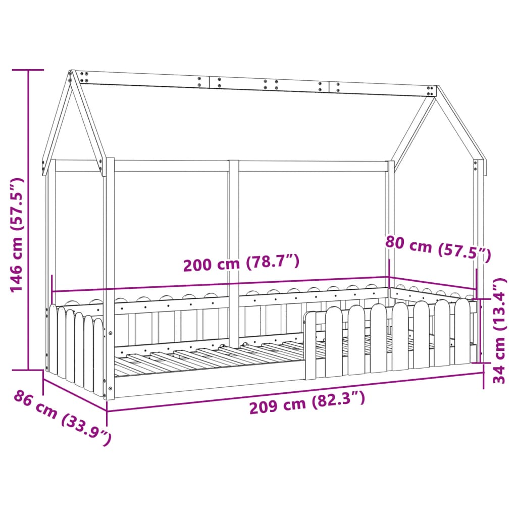 Barnsäng med husram vit 80x200 cm massiv furu