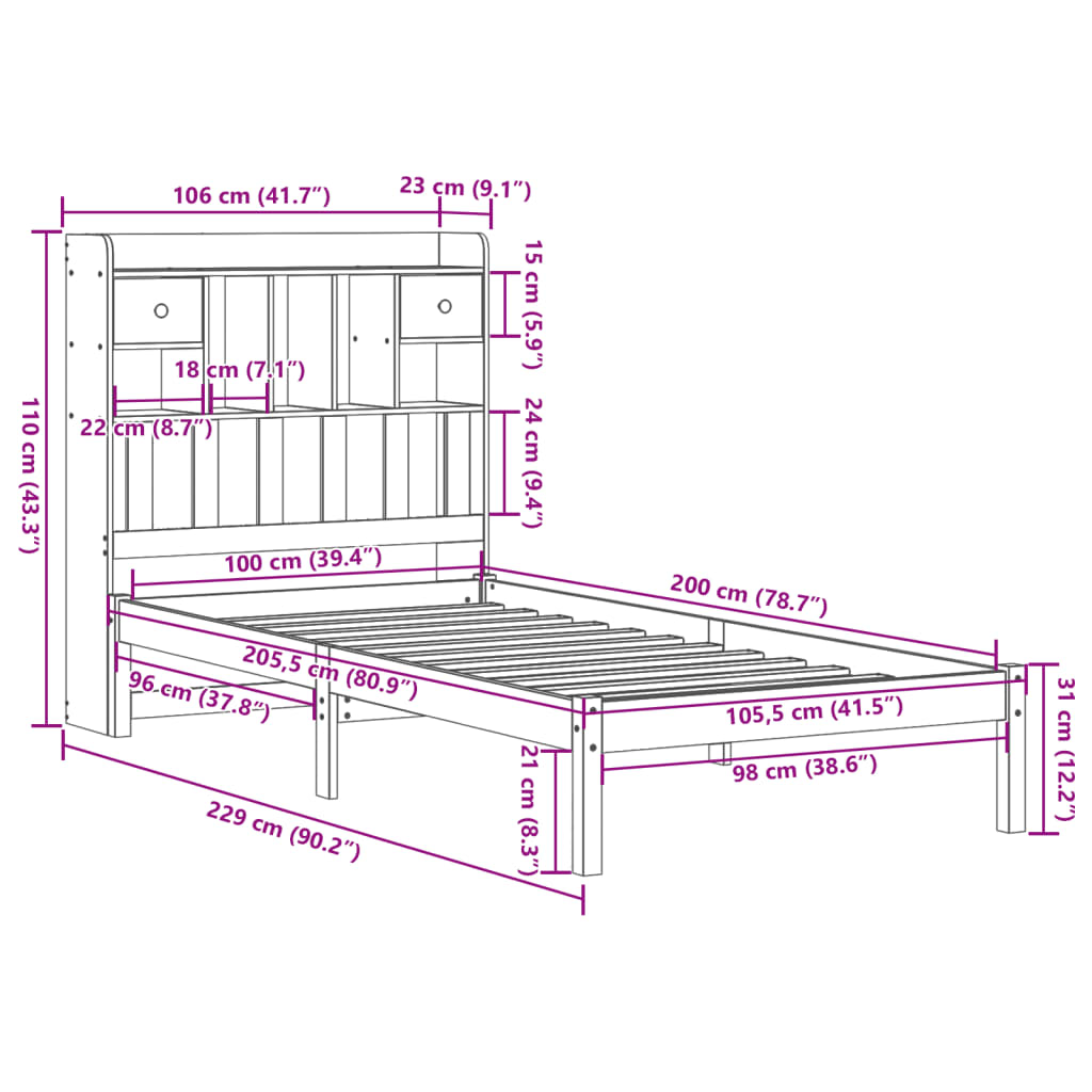 Säng med bokhylla utan madrass vit 100x200cm massiv furu