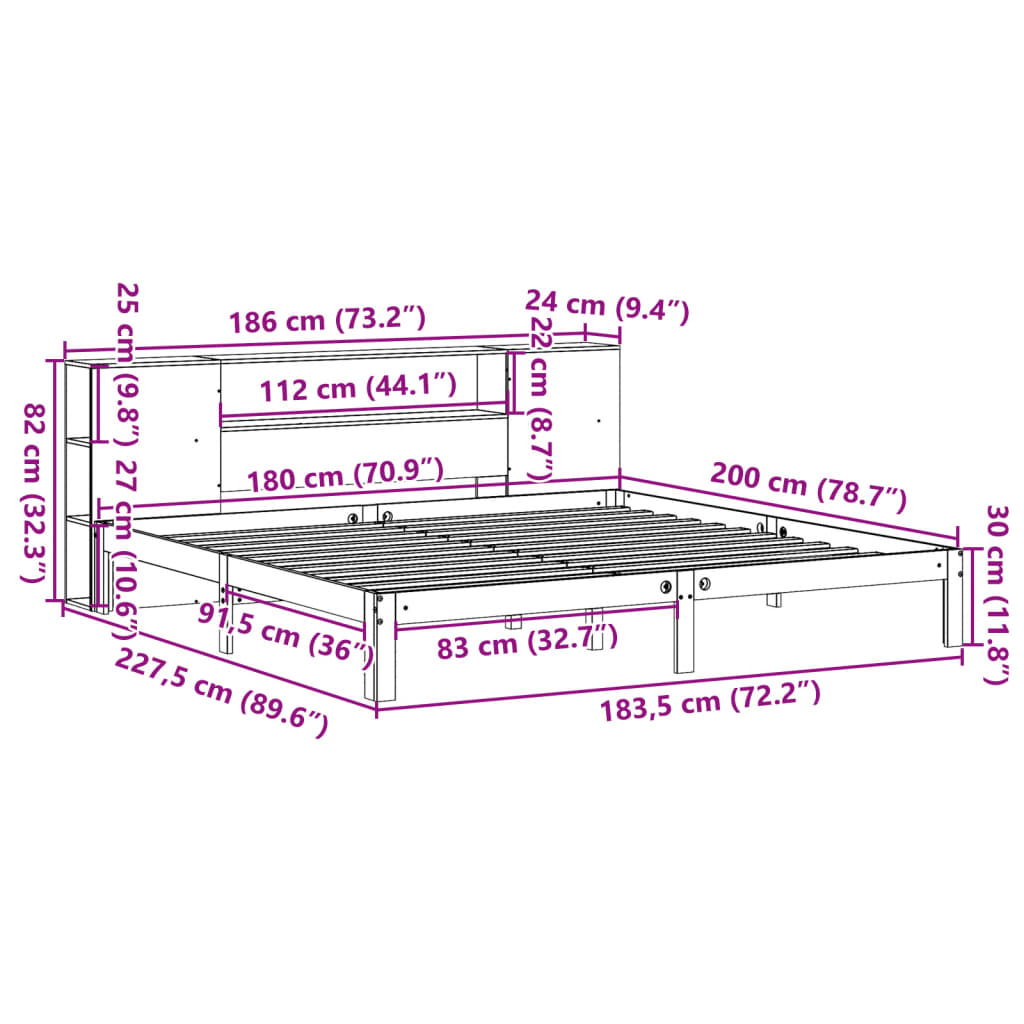 Säng med bokhylla utan madrass 180x200cm massiv furu