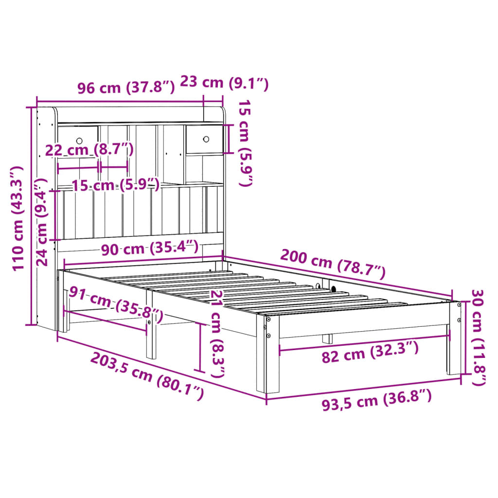 Säng med bokhylla utan madrass vit 90x200cm massiv furu