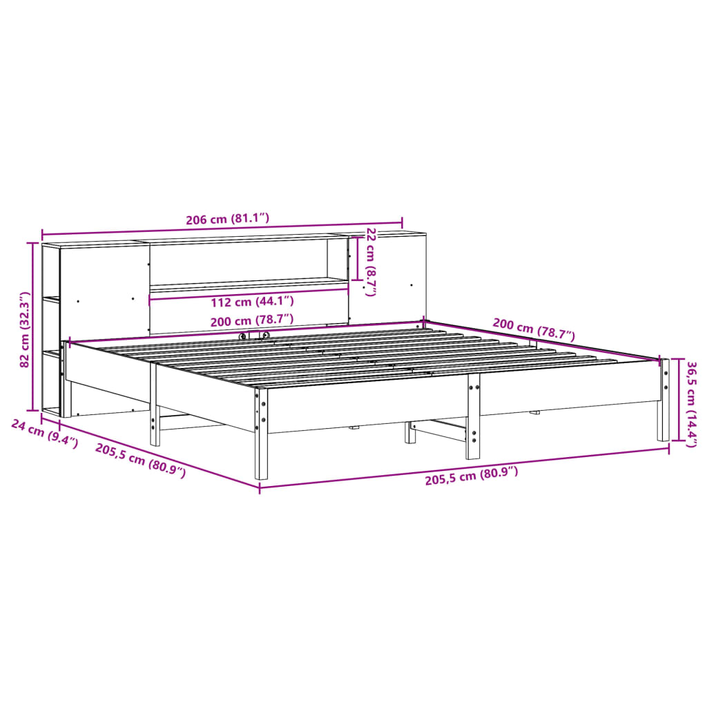 Säng med bokhylla utan madrass 200x200cm massiv furu