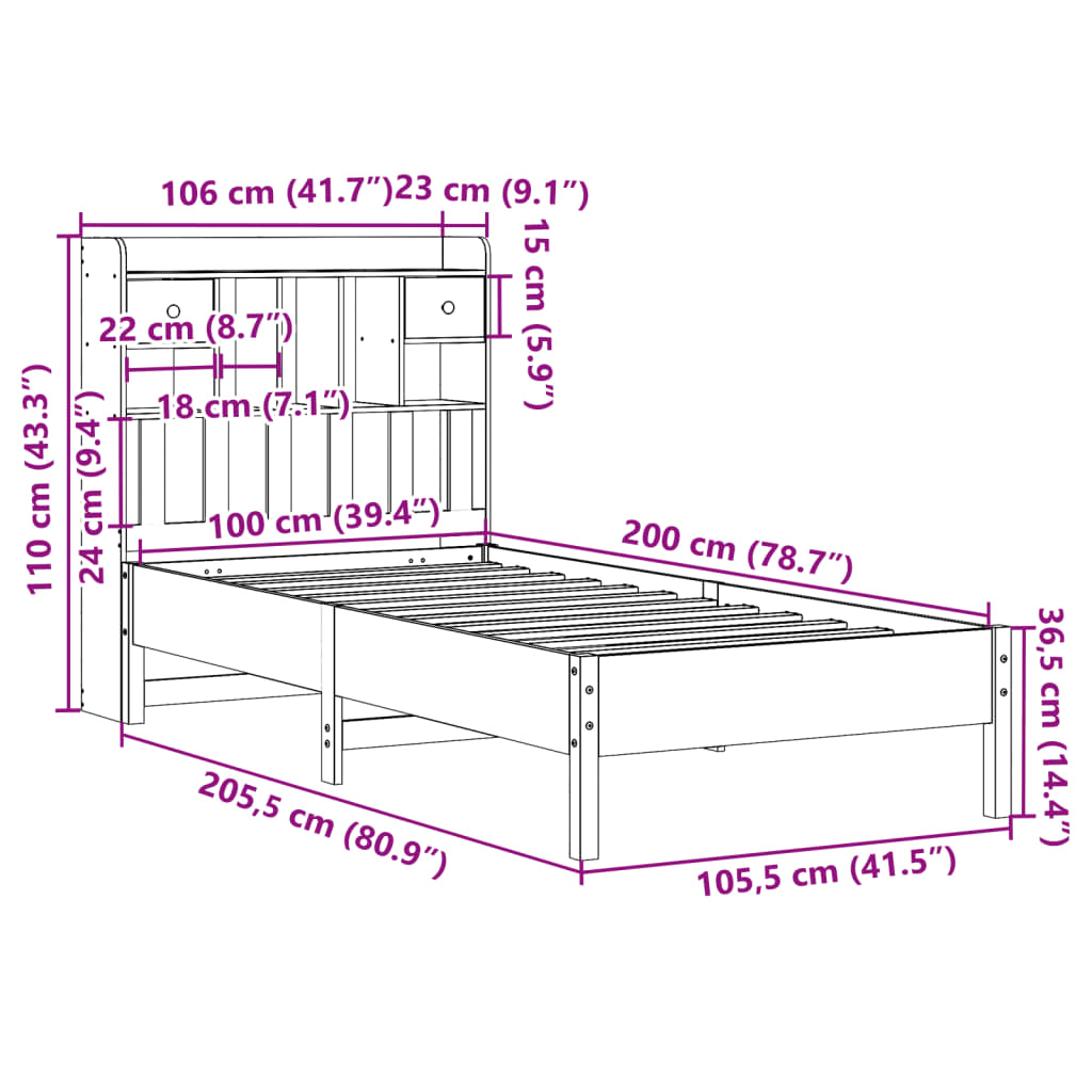 Säng med bokhylla utan madrass vit 100x200cm massiv furu