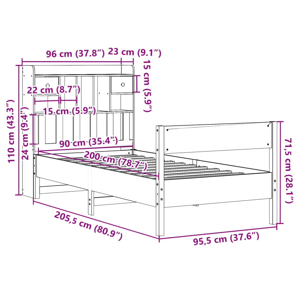 Säng med bokhylla utan madrass vaxad brun 90x200 cm massiv furu