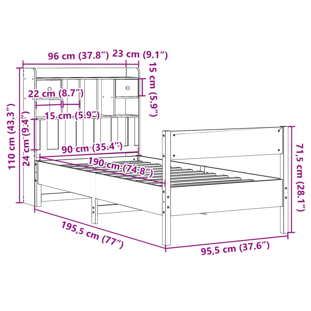 Säng med bokhylla utan madrass vaxad brun 90x190 cm massiv furu